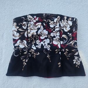 WHBM Satin Floral Strapless Bustier Top in Black, Cream & Red Womens Sz 8